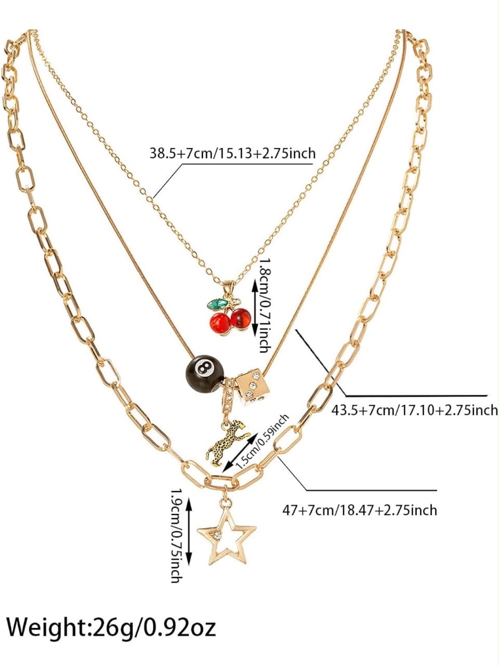 Anthropologie Gold Tone Charm Necklace Set with Red Cherry and Black 8-Ball - Picture 3 of 5